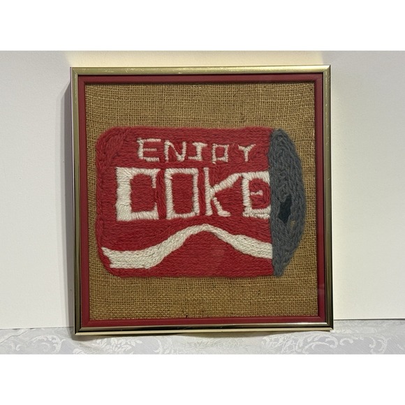 Handmade Other - VTG Folk Art Original Enjoy Coca-Cola Framed Needlepoint Fiber On Burlap 11"x11"